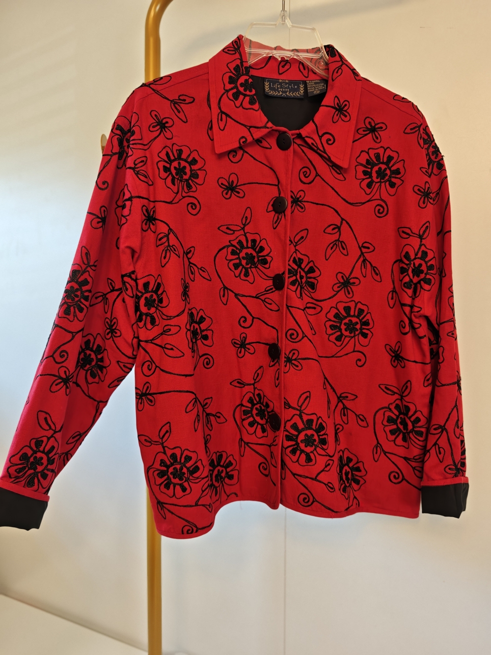 Office Red Floral Embroidered Blazer Jacket - Classic Button Front Collar Sz MP